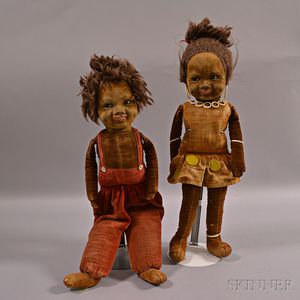 Two Norah Wellings Black Jamaican Boy and Girl Cloth Dolls