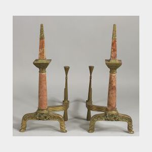 Pair of Gilt Bronze and Italian Rouge Marble Empire-style Andirons