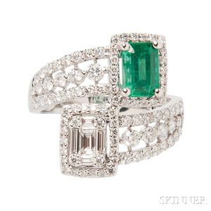 18kt White Gold, Diamond, and Emerald Ring
