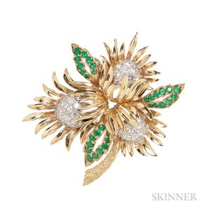 18kt Gold, Emerald, and Diamond Flower Brooch, Charles Vaillant