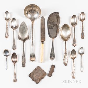 Eight Sterling Silver Spoons, a Sterling Card Case, and Five Silver-plated Items