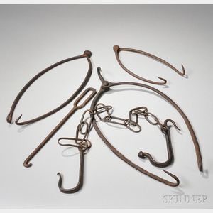 Five Wrought Iron Hooked Hearth Implements
