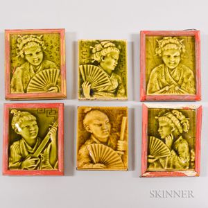 Six Asian Figural Art Pottery Tiles