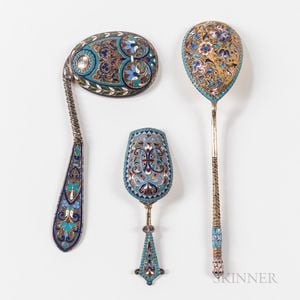 Three Russian Enamel Silver Spoons