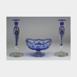 Cameo Glass Centerbowl and a Pair of Candlesticks