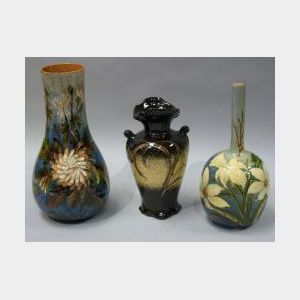 Three Barbotine Floral Decorated Vases