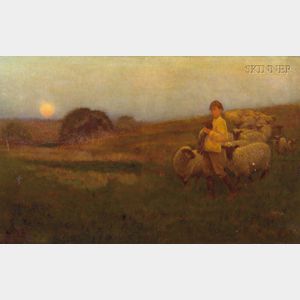 Anglo/American School, 19th/20th Century Boy with Flock of Sheep at Sunset