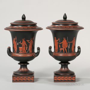 Pair of Wedgwood Encaustic Decorated Krater Vases and Covers