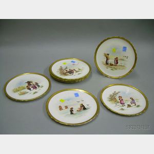 Set of Eight George Jones Gilt and Transfer Kate Greenaway Pattern Porcelain Plates