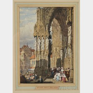Attributed to John Skinner Prout (British, 1806-1876) Street Scene with Pilgrims at a Cathedral Portal