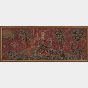 Framed Tapestry Fragment of a Unicorn and Lion Flanking a Woman