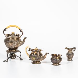 Four-piece English James Wakley & Frank Clarke Wheeler Victorian Sterling Silver Tea Service