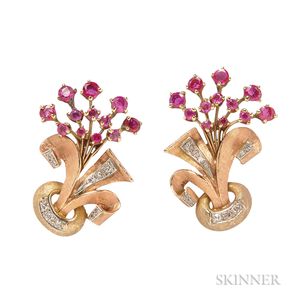 Retro 14kt Gold, Ruby, and Diamond Earclips