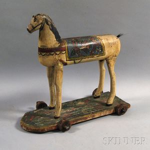 Polychrome Painted Wooden Horse Pull Toy