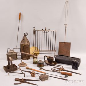 Group of Mostly Tin and Iron Hearth and Lighting Devices