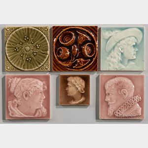 Six Art Pottery Tiles Including Old Bridge, Kensington, and U.S. Encaustic