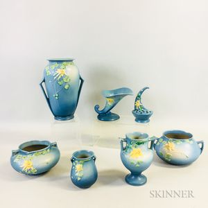 Seven Roseville Pottery Columbine Blue Vases