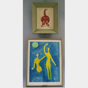 Two Framed Works: Katherine Seeler (American, 20th Century),Cat Playing