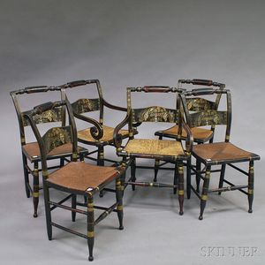 Set of Six Stencil-decorated Rush-seat Hitchcock Chairs
