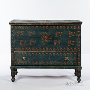 Blue-painted and Stencil-decorated Pine Blanket Chest over Drawer