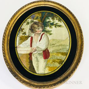 Framed Watercolor Needlework Picture of a Boy