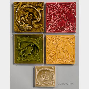 Five Art Pottery Tiles Including International Tile Company and Columbia Tile Works