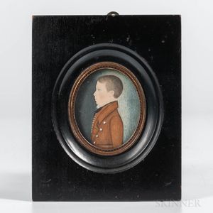 American School, Early 19th Century Miniature Portrait of a Boy in a Brown Jacket