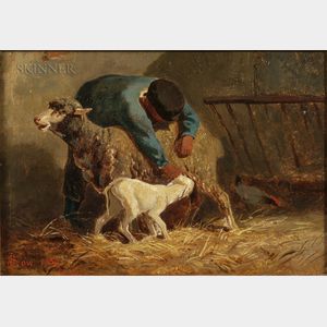 John Gardner Low (American, 1835-1907) Herder with Ewe and Lamb