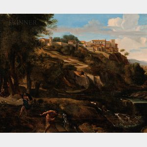 Manner of Nicolas Poussin (French, 1594-1665) Arcadian View with Foreground Figure of Pan and a Rearing Goat