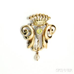 14kt Gold, Yellow Diamond, and Pearl Brooch