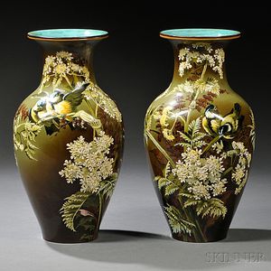 Pair of Doulton Lambeth Florence Lewis Decorated Impasto Vases