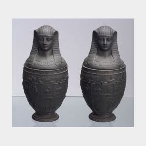 Pair of Wedgwood Black Basalt Canopic Jars and Covers