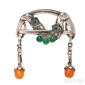.828 Silver, Green Onyx, and Amber Brooch, Georg Jensen