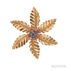 14kt Gold, Sapphire, and Ruby Flower Brooch