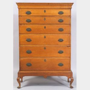 Queen Anne Maple Tall Chest of Six Drawers on Frame of Cabriole Legs and Pad Feet