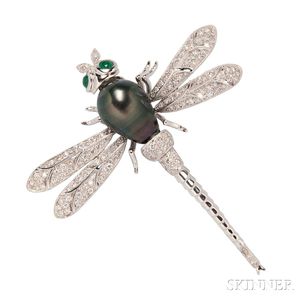 18kt White Gold, Tahitian Pearl, and Diamond Dragonfly Brooch