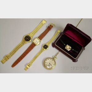 Four Wristwatches and a Bulova Gold-filled 17-jewel Open Face Pocket Watch