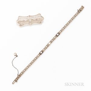 Art Deco White Gold and Diamond Bracelet and Pin