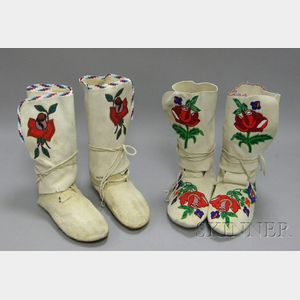 Two Pairs of Native American Floral Decorated Beaded Woman's White Skin Moccasins.