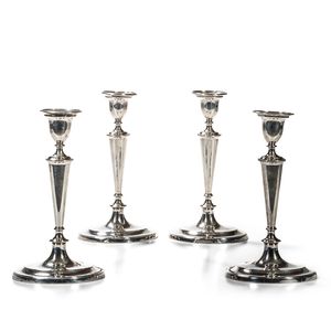 Four George III Sterling Silver Candlesticks with Wooden Case