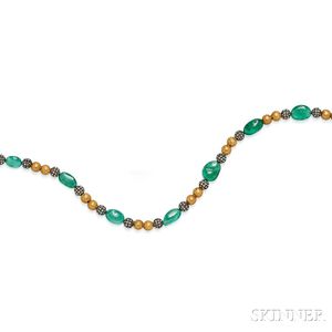 14kt Gold, Emerald, and Diamond Bead Necklace