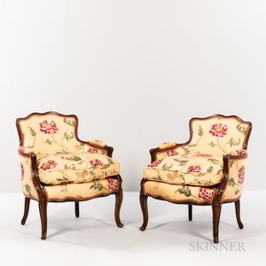 Pair of Louis XV-style Silk-upholstered Slipper Chairs