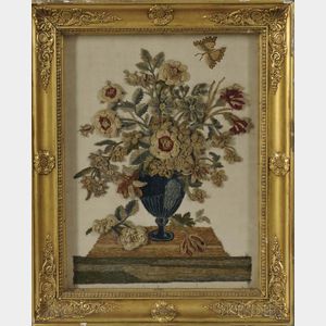 Framed French Silk with Raised Floral Bouquet Embroidery