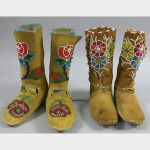 Two Pairs of Native American Floral Decorated Beaded Hide Woman's Moccasins.