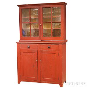 Red-painted Two-piece Step-back Cupboard