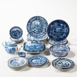 Approximately Thirty-four Pieces of Blue Transfer-decorated Tableware