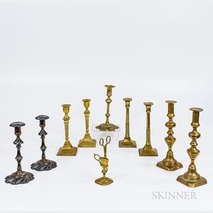 Nine Candlesticks and a Snuffer and Stand
