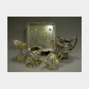 Two Silver Plated Shell Compotes, a Tray, Pitcher, and Teapot