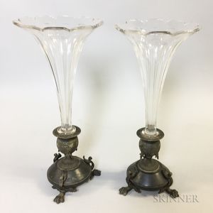 Pair of Colorless Glass, Metal, and Stone Trumpet Vases