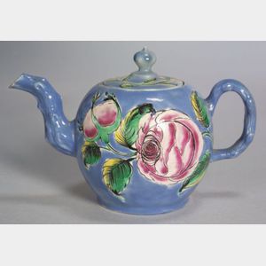 Staffordshire Blue Ground White Salt Glazed Stoneware Teapot and Cover